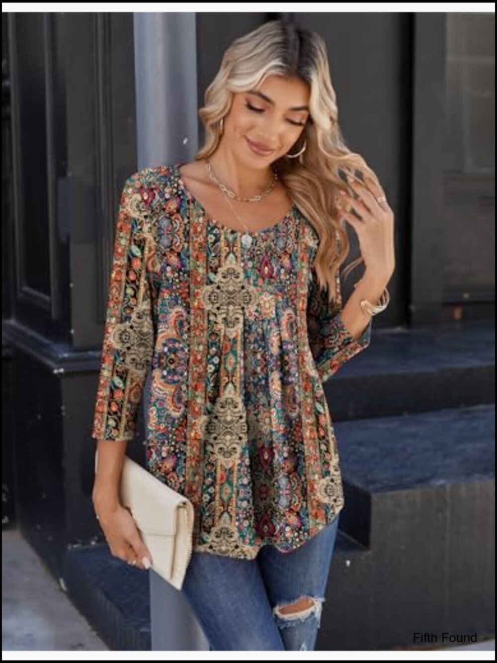 3/4 Sleeve Pleated Blouse Tunic Top Crew Neck - Picture 3 of 5